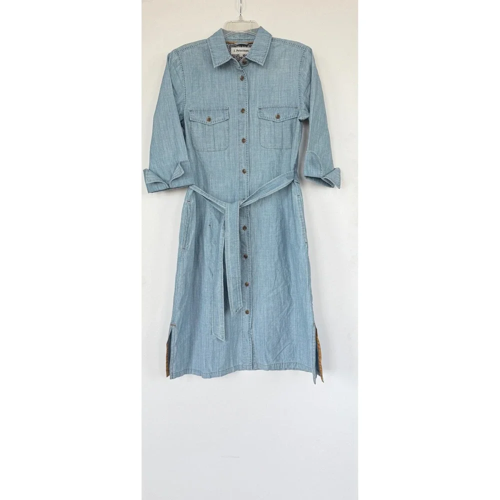 J. Peterman Womens Large Indigo Cotton Chambray Shirt Dress Cowgirl Boho Western - Picture 5 of 14